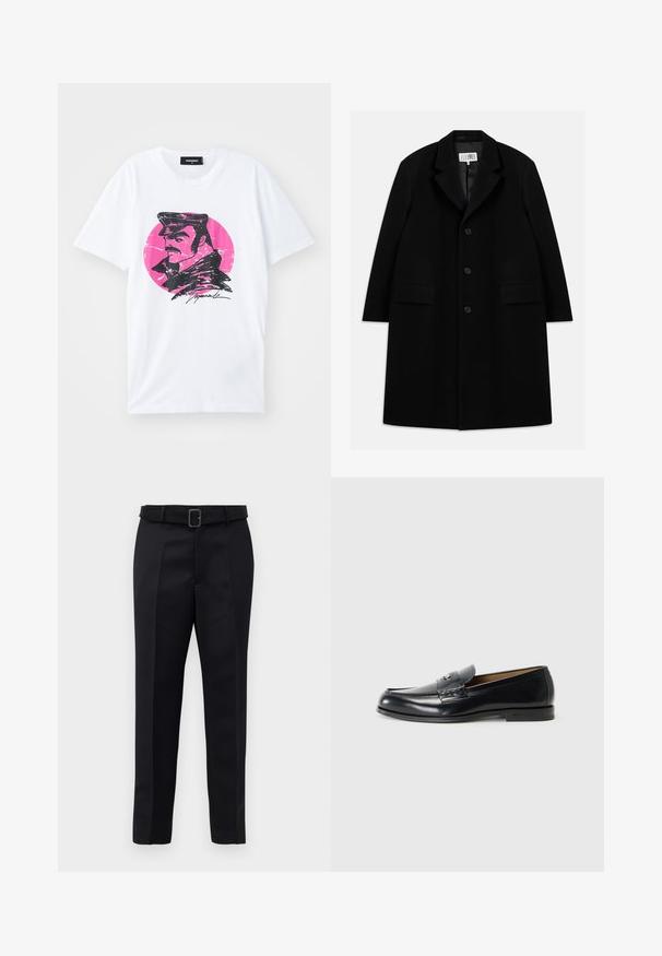 Manteau en laine noire avec col en pointe, cinq boutons, deux poches avant et une texture lisse, s'étendant jusqu'à mi-cuisse.; T-shirt en coton blanc avec une illustration graphique noire d'un homme portant une casquette sur un fond circulaire rose avec un effet vieilli.; Un pantalon noir ajusté en tissu lisse, à coupe droite, avec une taille ceinturée et une boucle rectangulaire. Des plis avant notables accentuent le design.; Mocassins en cuir noirs avec une finition lisse, bout arrondi, couture décorative et un petit accent métallique à l'avant.