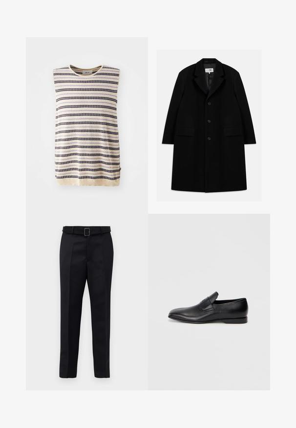 Mustasta villakangastakista, jossa on viisteellinen kaulus, viisi nappia, kaksi etutaskua ja sileä pinta, ulottuu reiden puoliväliin saakka.; Neulemistetön toppi kerma värissä, jossa on vuorotellen vaakasuoria raitoja purpurana, mustana ja vaaleansinisenä; pyöreä kaula-aukko ja teksturoitu kangas.; Mustat räätälöidyt housut on valmistettu sileästä kankaasta, niissä on suora leikkaus ja vyötäröllä solki, jossa on suorakulmainen muoto. Huomattavat etu taitteet parantavat muotoilua.; Musta nahkainen liukukengä, jossa on terävä kärki, sileä pinta ja huomaamaton brändäys sivussa. Matala korko ja siisti, minimalistinen muotoilu.