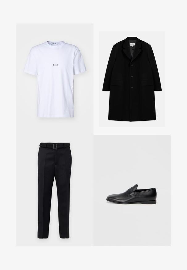 Black wool overcoat featuring a notched collar, five buttons, two front pockets, and a smooth texture, extending to mid-thigh length.; White cotton t-shirt with a round neckline, short sleeves, and a small black "MSGM" logo printed on the front. Smooth texture.; Black tailored trousers feature a smooth fabric, straight cut, and a belted waist with a rectangular buckle. Notable front creases enhance the design.; Black leather slip-on shoe with a pointed toe, smooth texture, and subtle branding on the side. Low heel with a clean, minimal design.