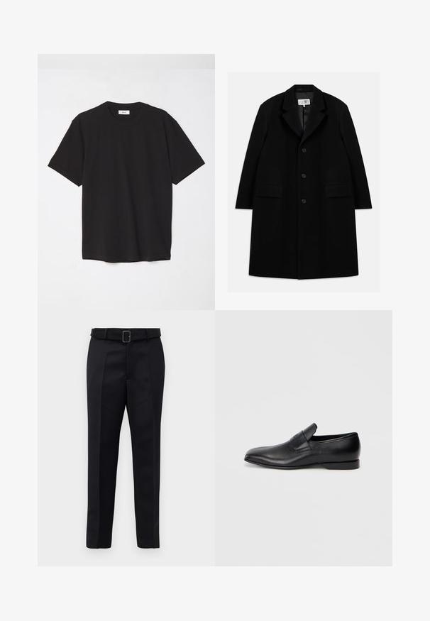 Fekete gyapjú kabát, hézagolt gallérral, öt gombbal, két elülső zsebbel és sima textúrával, mid-thigh hosszúságban.; Fekete pamut póló kerek nyakkal, rövid ujjakkal és laza szabással. Egyszerű dizájn, sima textúra, látható minták vagy logók nélkül.; A fekete, szabott nadrág sima anyagból készült, egyenes szabású, és övvel rendelkezik, amelynek téglalap alakú csatja van. A figyelemre méltó elülső redők fokozzák a dizájnt.; Fekete bőr, slip-on stílusú cipő, hegyes orral, sima textúrával és diszkrét logóval az oldalon. Alacsony sarokkal és letisztult, minimalista dizájnnal.