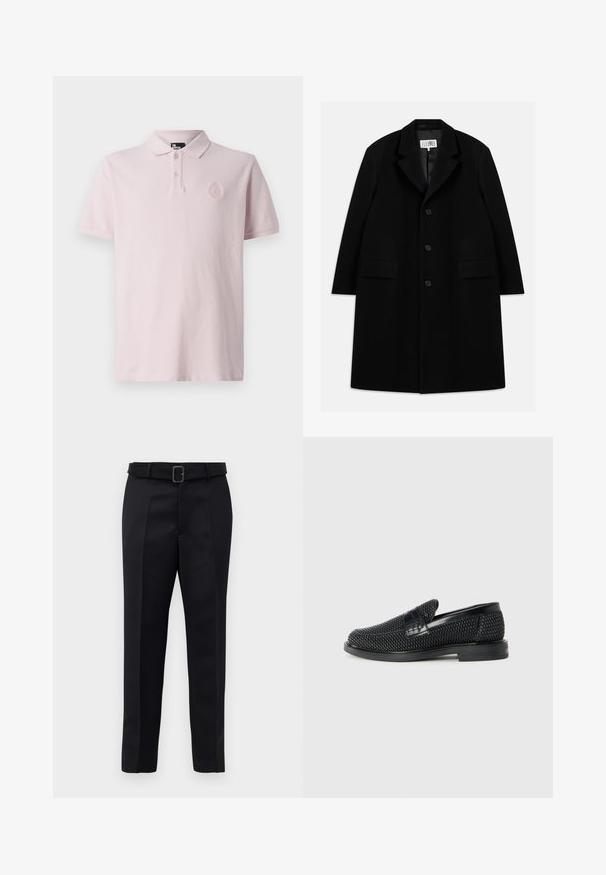 Must värviline villane ülerõivast, millel on nurgeline krae, viis nuppu, kaks esimist taskut ja sile tekstuur, ulatudes keskmise reie pikkuseni.; Hele roosa t-särk, mis on varustatud klassikalise krae, kolme nupuga ja tikitud logoga rinna peal. Pehme tekstuur, lühikesed varrukad.; Mustad mustad püksid on valmistatud siledast kangast, sirgelt lõigatud ja beldiga vöökoht, millel on ristkülikukujuline pandla. Märkimisväärsed esisellukid täiustavad disaini.; Must musta kootud slip-on king, millel on pehme nahast accent ülaserval, ümmargune varvas ja madal profiiliga kummitald.