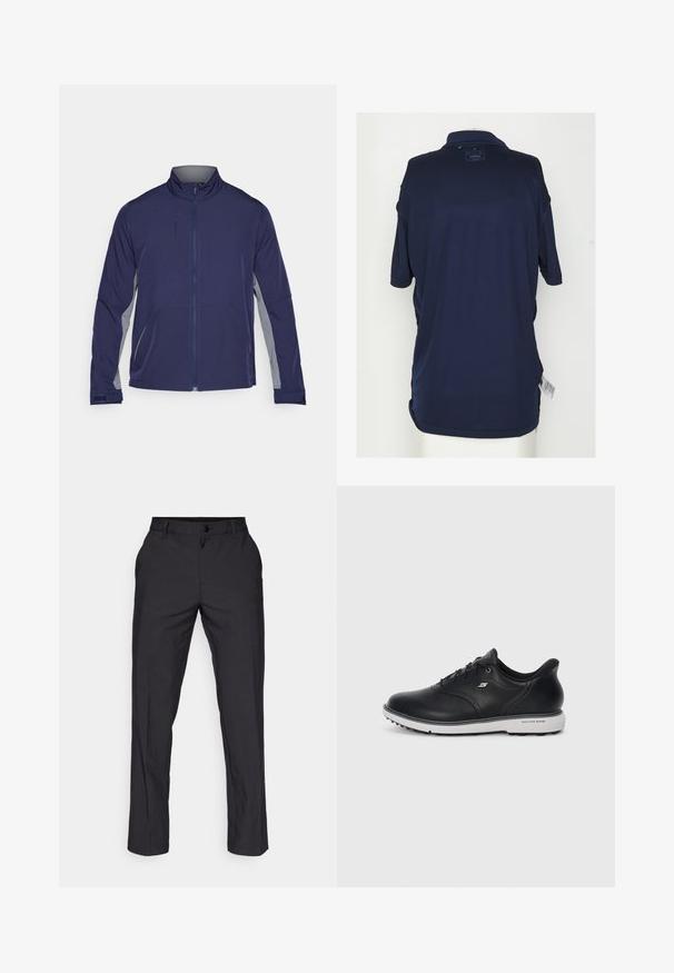 Marineblå softshell-jakke med grå sidepaneler, opphøyd krage, hel glidelås og to frontlommer. Glatt tekstur med funksjonelt design.; Mørk blå polo-skjorte med krage, korte ermer og etikett på baksiden. Laget av glatt, pustende stoff med løs passform.; adidas Golf PANT - Bukse - black; Sorte lær lissene Skechers-sneakers med hvit såle, side-logo og teksturert grep på sålen mot en enkel lys bakgrunn.