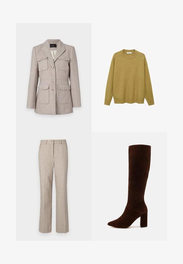 Sakó s houndstooth vzorom v svetlej béžovej farbe, s presne strihaným strihom, obsahujúce dve náprsné vrecká, zapínanie na gombíky a gombíky v striebornej farbe.; Sveter v horčicovej žltej farbe, vyrobený z mäkkej tkaniny. Má rebrovaný okrúhly výstrih a dlhé rukávy s bežným strihom a rovného lemu.; Béžové nohavice v rybím vzore s rovnými nohavicami, ktoré sú zdobené dvoma zlatými gombíkmi v oblastí pásu a majú hladkú, textúrovanú látku.; Hnedá semišová vysoká čižma po kolená s špicatou špičkou a robustným štvorcovým opätkom. Hladký povrch s priliehavým zvrškom a bez viditeľných zapínaní.