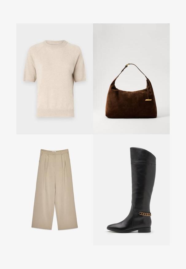 Heled beezh triibulise mustriga bleiser, millel on kohandatud lõige, sisaldab kahte rinna taskut, nööpude esiosa ja hõbedase tooni nööpe.; Beige lühikeste käistega kampsun ümmarguse kaeluse ja pehme tekstuuriga kangast. Omab soonikust mansette ja äärt ning on mugava lõikega.; Bežid laiad püksid ees olevate voldikutega, külje taskud, vöökohakuulud ja peidetud esine sulgemine.; Kõrged mustad nahast saapad, millel on stiilne disain, terav nina ja kuldne kett aktsent pahkluul. Madal plokk-konts. Sile tekstuur.; Pruunist suede'ist õlakott, millel on kaarduv kuju, millel on kuldne aksessuaar ja üks reguleeritav rihm. Sujuv tekstuur minimaalsete detailidega.; Casio kvartsikell, millel on ristkülikukujuline kullatooniline korpus, valge nägu, kullast o'clock-märgid ja pruuni nahast krokodillimustriga rihm. Veekindel.