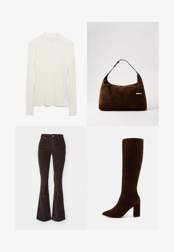 Csontszőttes mintájú, világos bézs színű zakó, testre szabott fazonnal, két mellzsebbel, gombos ellátással és ezüst színű gombokkal.; Csíkos, ráncos krém színű garbó, fodros gallérral és hosszú ujjakkal. Puha anyagból készült, függőleges csíkokkal a textúra érdekében.; Vero Moda VMFLASH FLARED PANTS - Nadrágok - chocolate torte; Barna velúr, térd fölé érő csizma hegyes orral és vastag, négyzetes sarkával. Sima felület, a szára illeszkedik, és nincsenek látható záródások.; Barna velúr válltáska ívelt formával, arany színű kiegészítővel és egy állítható pánttal. Simább textúra minimális részletezéssel.; Casio kvarcóra téglalap alakú, arany színű tokkal, fehér számlappal, arany órjelekkel és barna krokodilmintás bőrszíjjal. Vízálló.