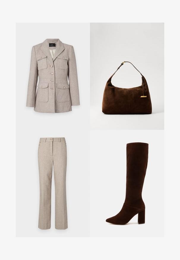 Švarkas su houndstooth raštu šviesiai bežinės spalvos, pritaikytas pagal figūrą, su dviem krūtinės kišenėmis, su mygtukais priekyje ir sidabro spalvos mygtukais.; Smėlio spalvos ilgos rankovės golfo megztinis, pagamintas iš minkštos, tekstūruotos medžiagos; turi siaurą siluetą ir aukštą apykaklę. Nėra matomų raštų ar detalių.; Smėliniai herringbone stiliaus kelnių su tiesiomis kojomis, su dviem auksiniais mygtukais juosmens srityje ir glotniu, tekstūriniu audiniu.; Rudos suedinės kelio ilgio batai su smailiu pirštu ir stambiu kvadratiniu kulnu. Lygus paviršius, prigludusi koja ir be matomų užsegimų.; Ruda zomšos pečių rankinė su išlenkta forma, su auksiniu akcentu ir vienu reguliuojamu diržu. Lygi tekstūra su minimaliais detaliais.; Casio kvarcinis laikrodis su stačiakampiu auksinės spalvos korpusu, baltu ciferblatu, auksiniais valandų žymekliais ir rudo odinio krokodilo rašto dirželiu. Atsparus vandeniui.