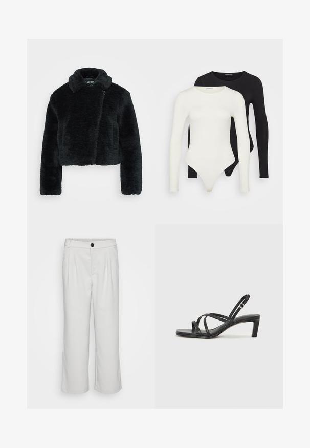 Rövidített fekete műszőrme dzseki, puha tapintással, széles gallérral és hosszú ujjakkal. Oldalra záródik, ami megkönnyíti a felvétele.; Két hosszú ujjú bodyn fehér és fekete színben. Simább anyagból készült, kerek nyakkivágással és tanga fazonú alsó résszel a simább viselet érdekében.; Fehér, széles lábú nadrág sima anyagból, plissézett elülső résszel és gombos, rugalmas derékpánttal.; Fekete pántos szandál négyzetes orral és alacsony blokk sarkal. Több vékony pánttal és állítható boka pánttal rendelkezik. Sima bőrből készült.