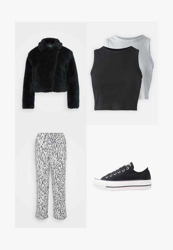 Jachetă scurtă din blană artificială neagră, cu o textură moale, guler lung și mâneci lungi. Dispune de o închidere laterală pentru a fi ușor de purtat.; Even&Odd Petite 2 PACK - Top - light grey/black; Pantaloni moi și ușori, de culoare albă, cu un model abstract în nuanțe de bleumarin. Dispun de un brâu elastic cu șnur pentru ajustarea fit-ului.; Tenisi negri din pânză cu talpă din cauciuc alb, vârf rotund, design joas, ochiuri metalice și capac texturat la vârf. Dungi subțiri negre de-a lungul tălpii.