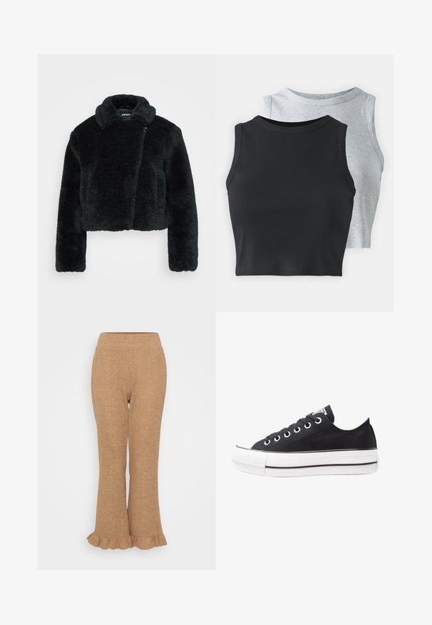 Cropped black faux fur jacket with a soft texture, wide collar, and long sleeves. Features a side closure for easy wear.; Even&Odd Petite 2 PACK - Top - light grey/black; Light brown ribbed knit pants with a flared bottom and ruffled hem. Elastic waistband for comfort. Even texture throughout.; Black canvas sneaker with white rubber sole, round toe, low-top design, metal eyelets, and a textured toe cap. Thin black stripe along the sole.