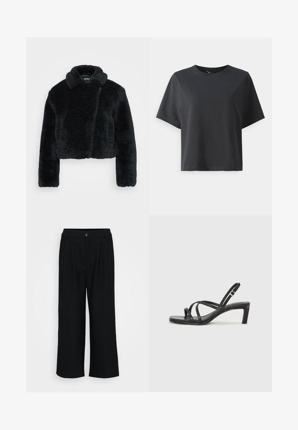 Izgriezta melna mākslīgā kažokādas virsjaka ar mīkstu tekstūru, plašu apkakli un garām piedurknēm. Tam ir sānu aizdare vieglai uzvilkšanai.; Melnas kokvilnas t-krekls, īsām piedurknēm, apaļš kakls, brīvs piegriezums, gluda tekstūra, vienkāršs dizains, bez rakstiem vai akcentiem.; Melni platleņķa bikses, izgatavotas no gludas auduma, ar priekšējiem krokām, jostasvietu ar pogu aizdari un plūstošu siluetu.; Melnas strappy sandales ar kvadrātveida purngaliem un zemu bloku papēdi. Ievērojamas ar vairākiem plāniem siksniņām un regulējamu potītes siksniņu. Izgatavotas no gludas ādas.