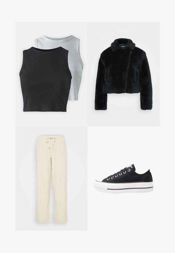 Lühike must tehiskarvajope pehme tekstuuriga, laia krae ja pikkade varrukatega. Omab külgklappi mugavaks selga panemiseks.; Even&Odd Petite 2 PACK - Topp - light grey/black; Even&Odd Petite Püksid - beige; Mustkunst sünnil varrega mustad keedekad, valge kummine tald, ümmargune ninaosa, madal disain, metallist silmadega ja tekstureeritud ninaosa. Peen must riba taldadel.