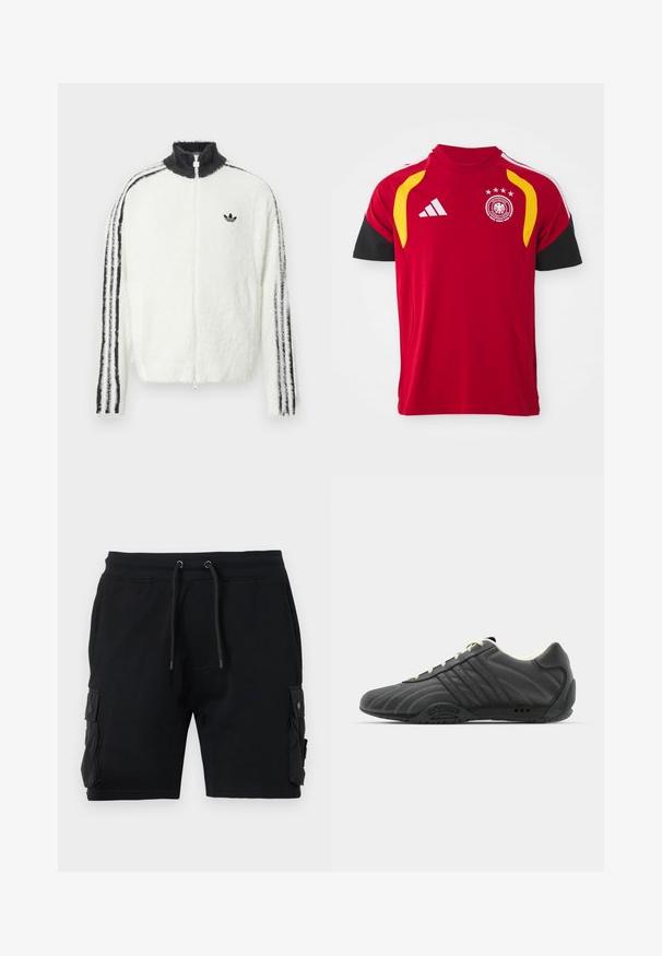 Fehér, szőrme anyagú cipzáros dzseki magas gallérral, fekete Adidas logóval és fekete csíkokkal az ujjak mentén. Puha tapintású és laza fazonú.; Piros német válogatott focimez fekete ujjakkal, sárga vállrész kiemelésekkel, Adidas logóval és a csapat címerével, amelyen négy csillag található a mellkason.; Fekete cargo sort, pamut keverékből készült, két oldalsó zsebbel, állítható derékpánttal, zsinórral, és sima tapintással.; adidas Originals ADIRACER UNISEX - Sportcipő - core black/cream white