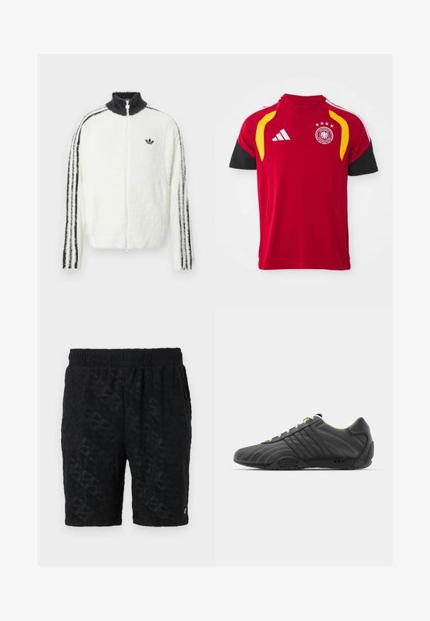 Karvane tõmblukuga jope valges värvuses, kõrge kraega, musta Adidas logo ja mustade triipudega varrukatel. Pehme tekstuur ja mugav lõige.; Punane Saksamaa rahvuskoondise jalgpallijersey mustade varrukatega, kollaste õlavarre aktsentidega, Adidas'i logo ja meeskonna vapp nelja tähega rinnal.; Mustad mustrid, millel on tekstuuriga kangas, millel on pressitud muster. Elastsest materjalist vöökoht mugavuse tagamiseks. Lihtne disain, kus pole nähtavat riistvara.; adidas Originals ADIRACER UNISEX - Tossud - core black/cream white