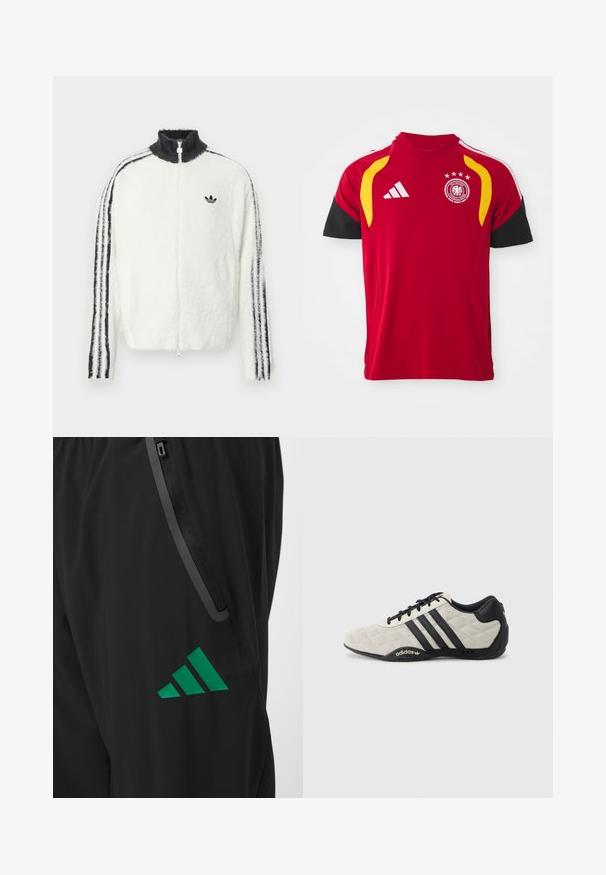 Furry lynlåsjakke i hvid med høj krave, sort Adidas-logo og sorte striber langs ærmerne. Blød tekstur og afslappet pasform.; Rød tysk national fodboldtrøje med sorte ærmer, gule skulderakcenter, Adidas-logo og holdets emblem med fire stjerner på brystet.; Sorte træningsbukser lavet af glat stof, med et grønt Adidas-logo og en lomme med lynlås og kontrastkanter.; Adidas sportssko med en struktureret, lysegrå overdel og sorte læderdetaljer. Har et sort tre-stribes logo og en polstret sål.