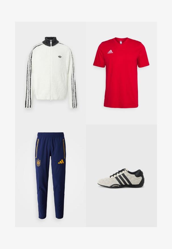 Fluffy zip-up jas in het wit met een hoge kraag, zwart Adidas-logo en zwarte strepen langs de mouwen. Zachte textuur en een ontspannen pasvorm.; Rode katoenen t-shirt met korte mouwen, v-hals ontwerp en wit Adidas-logo op de linkerkant van de borst. Glad van structuur, zonder zichtbare patronen.; Marinekleurige sportbroek met een elastische tailleband, gele ritszakken en een geborduurd Spanje-embleem en Adidas-logo aan de zijkant.; Adidas sportschoen met een gestructureerde, lichtgrijze bovenkant en zwarte leren accenten. Voorzien van een zwart drie-strepenlogo en een gevoerde zool.