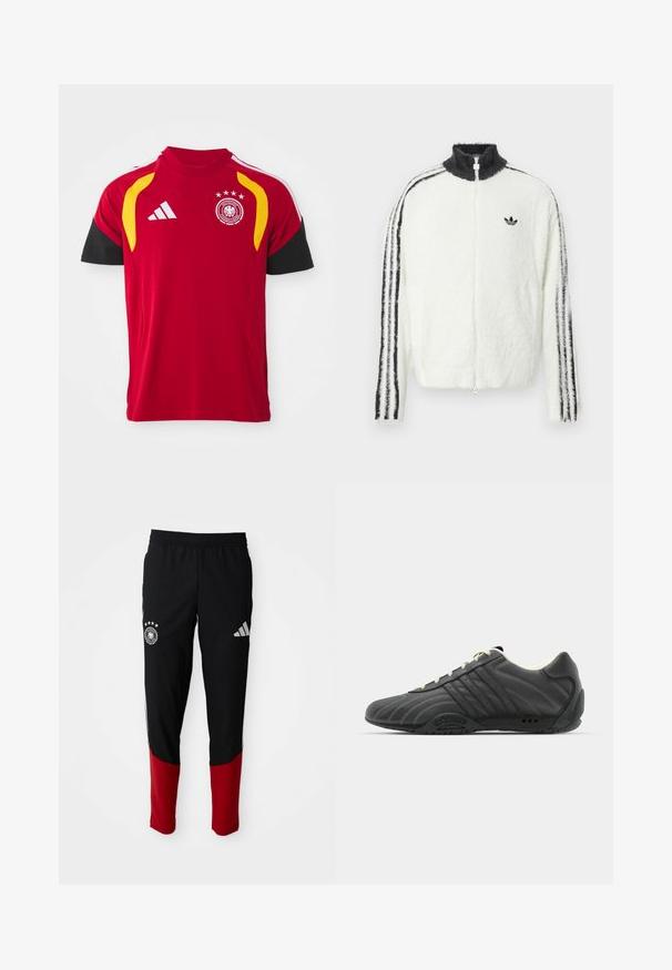 Flauschige weiße Zip-Jacke mit hohem Kragen, schwarzem Adidas-Logo und schwarzen Streifen an den Ärmeln. Weicher Stoff und entspannte Passform.; Rotes deutsches Nationalfußballtrikot mit schwarzen Ärmeln, gelben Schulterakzenten, Adidas-Logo und Teamwappen mit vier Sternen auf der Brust.; Schwarze Sporthosen mit roten Unterschenkeln, elastischem Bund, Adidas-Logo auf dem rechten Oberschenkel und dem Emblem der deutschen Fußballmannschaft auf dem linken Oberschenkel.; adidas Originals ADIRACER UNISEX - Sneaker low - core black/cream white