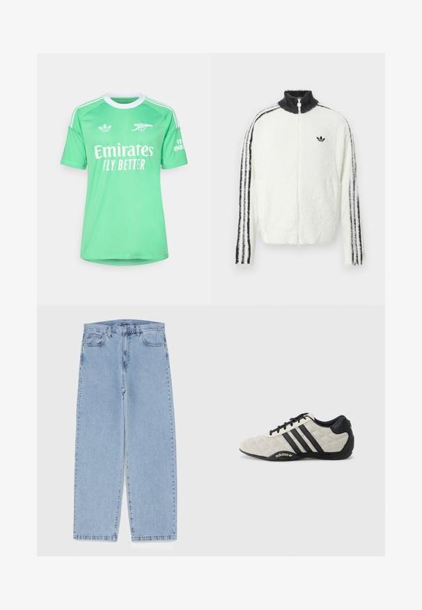 Furry zip-up jacka i vitt med hög krage, svart Adidas-logga och svarta ränder längs ärmarna. Mjuk textur och avslappnad passform.; adidas Performance ARSENAL FC 25/26 3RD GOALKEEPER JERSEY - Klubbkläder - semi screaming green/white; Ljusblå denimjeans med rak bendesign, midjehög midja, fem fickor samt knapp- och dragkedjestängning.; Adidas sportskor med en strukturerad, ljusgrå ovandel och svarta läderdetaljer. Har en svart tre-rands logotyp och en vadderad sula.