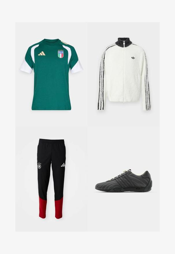 Fluffy zip-up jas in het wit met een hoge kraag, zwart Adidas-logo en zwarte strepen langs de mouwen. Zachte textuur en een ontspannen pasvorm.; Groen sport-T-shirt met witte mouwen, met een geborduurd Italia-logo en gouden accenten, gemaakt van zacht, ademend materiaal.; Zwarte sportbroek met rode onderbenen, elastische tailleband, Adidas-logo op de rechterdij en het embleem van het Duitse voetbalteam op de linker dij.; adidas Originals ADIRACER UNISEX - Sneakers laag - core black/cream white