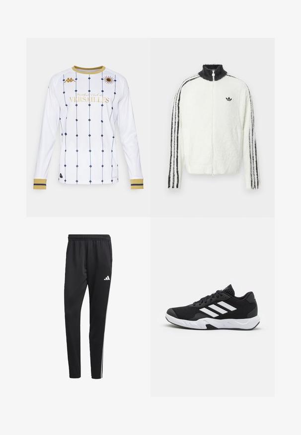 Casaco de fecho éclair felpudo em branco com colarinho alto, logotipo preto da Adidas e riscas pretas ao longo das mangas. Textura suave e corte descontraído.; Camisa de manga longa branca com padrão de diamante azul-marinho e detalhes em dourado. Apresenta um colarinho arredondado e texto "Football Club de Versailles".; Calças de treino pretas com um cós elástico, riscas laterais brancas e um pequeno logotipo branco na coxa. Feitas de um material leve e suave.; Tenis negros desportivos com um superior em malha texturizada, riscas brancas de destaque, sola acolchoada e um calcanhar reforçado para suporte.