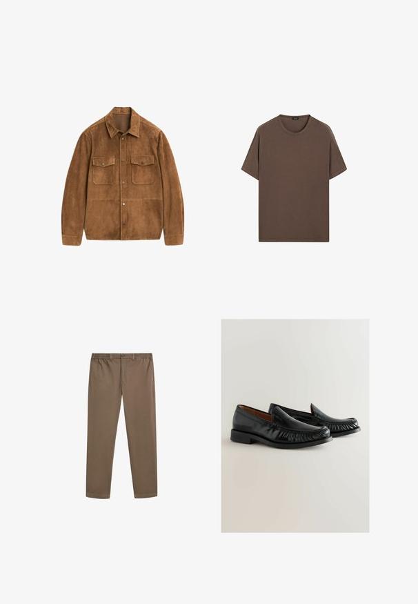 Bruine suède jas met knoopsluiting, puntkraag, twee borstzakken en lange mouwen. Glad oppervlak met een matte afwerking.; Bruine katoenen t-shirt met een ronde hals en korte mouwen. Eenvoudig ontwerp met een gelijkmatige textuur en een comfortabele pasvorm. Geen patronen of accenten.; Bruine cotton chinos met een rechte pijp, elastische tailleband en voorzakken. Glad textuur en minimale stikseldetails.; Zwarte leren instappers met een ronde neus, geplooide textuur aan de voorkant, en een lage gestapelde hak. Glad afwerking en klassiek ontwerp.