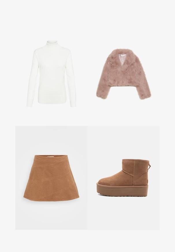 Pink faux fur cropped jacket with a shawl collar, long sleeves, and soft texture. Lined interior with minimal detailing.; White turtleneck sweater made of soft knit fabric. Features long sleeves and a fitted design, with a ribbed neckline and hem.; Burgundy long-sleeve top featuring a velvet bodice with a heart neckline and sheer mesh sleeves, smooth texture, and fitted design.; Brown corduroy mini skirt with a flared design, featuring diagonal seams and a smooth texture. Flat waistband at the top.; Tan suede ankle boot with a platform sole, rounded toe, and stitching accents; features a pull tab at the back for easy wear.