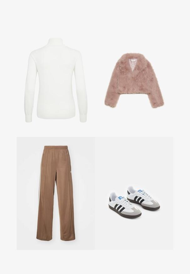Veste courte en fausse fourrure rose avec un col châle, des manches longues et une texture douce. Intérieur doublé avec un minimum de détails.; Pull blanc à manches longues avec col haut. Tissu en tricot doux, design ajusté, et bords côtelés pour la texture et la forme.; Pantalons de sport marron en tissu doux, dotés d'une taille élastique, de poches latérales et d'accents de logo blancs sur la hanche gauche.; Baskets avec une tige en cuir blanc, un bout en daim gris et trois bandes noires. Présente un logo bleu sur la languette et une semelle en caoutchouc texturée.