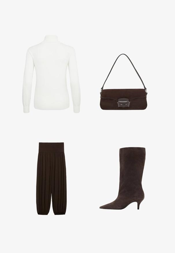 Pink faux fur cropped jacket with a shawl collar, long sleeves, and soft texture. Lined interior with minimal detailing.; White, long-sleeve sweater with a high collar. Soft knit fabric, fitted design, and ribbed cuffs and hem for texture and shape.; Brown pleated pants with a wide, elastic waistband. The fabric is lightweight and textured, featuring gathered hems at the cuffs.; Brown suede knee-high boot with a pointed toe and a mid-height heel, featuring a smooth texture and sleek design.; Brown suede handbag with a long leather strap, silver hardware, a rectangular shape, and a flat flap featuring a central embellishment.