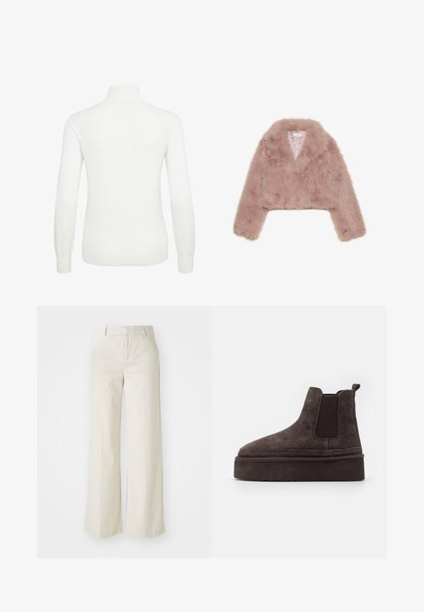 Lyserød faux fur cropped jakke med sjalskrave, lange ærmer og blød tekstur. Foret inderside med minimal udsmykning.; Hvid, langærmet sweater med høj krave. Blødt strikket stof, tætsiddende design og ribstrikkede manchetter og kant for tekstur og form.; Bredde ben-bukser i en lys beige farve, lavet af et glat stof. Har en klassisk talje og flad front med rene linjer.; Brune ruskinds Chelsea støvler med elastiske sidepaneler og en tyk, struktureret platåsål. Har en strop bagpå til nem påtagning.