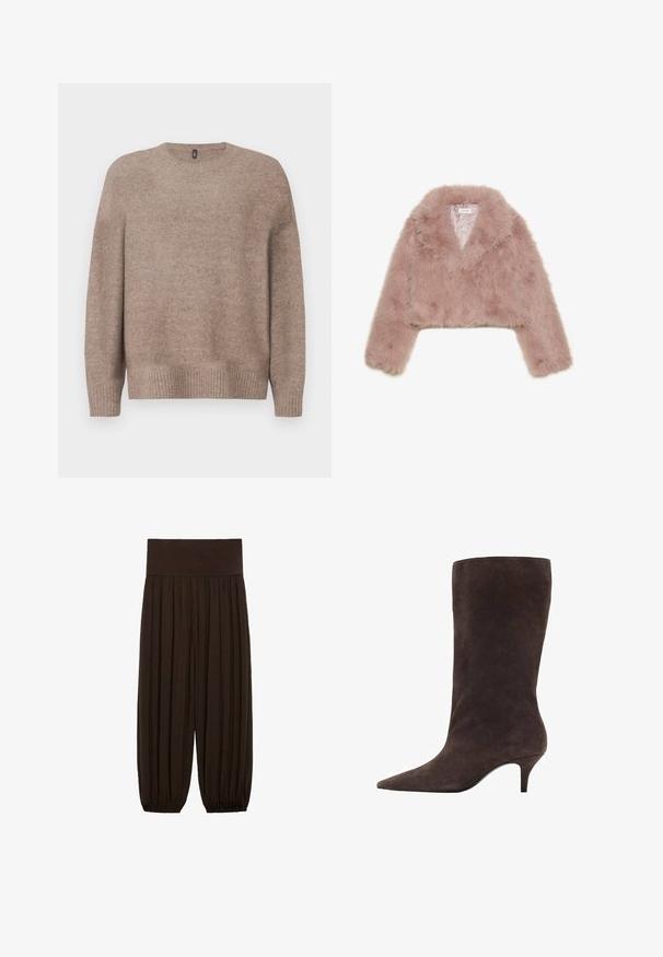 Ružový umelý kožušinový skrátený kabát so šálovým golierom, dlhými rukávmi a mäkkou textúrou. Podšitý interiér s minimálnymi detailmi.; Béžový pletený sveter s okrúhlym výstrihom, dlhými rukávmi, rebrovaným lemom a manžetami, so soft, textúrovaným povrchom.; Hnedé plisované nohavice so širokým elastickým pásom. Tkanina je ľahká a textúrovaná, s nariasenými lemami na manžetách.; Hnedé semišové čižmy po kolená s špicatou špičkou a stredne vysokým podpätkom, s hladkou textúrou a elegantným dizajnom.