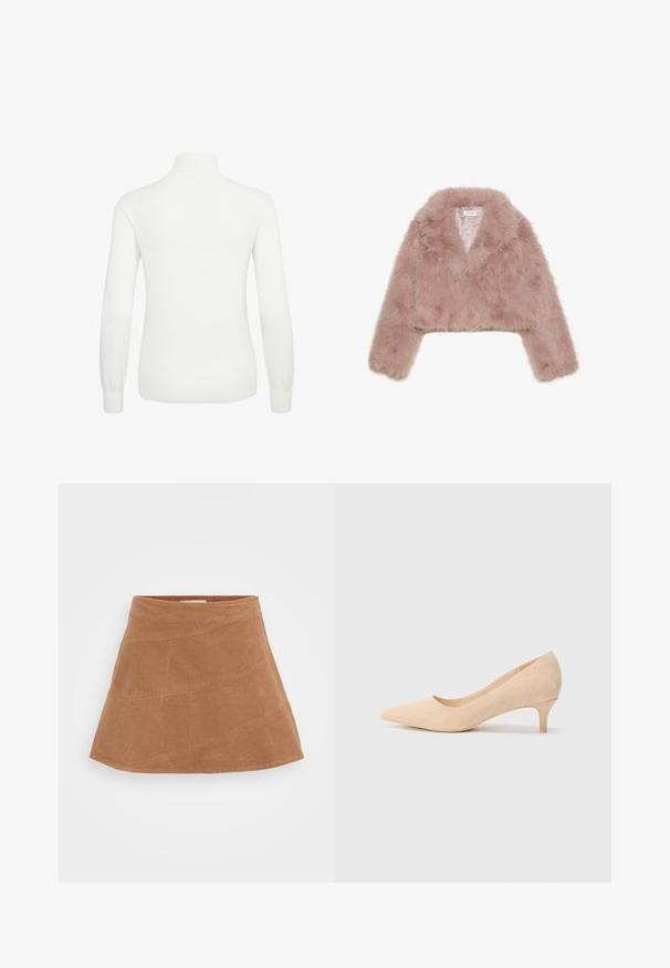 Chaqueta corta de pele sintética rosa con cuello de chal, mangas largas y textura suave. Interior forrado con detalles mínimos.; Suéter blanco de manga larga con cuello alto. Presenta una textura suave y puños y dobladillo acanalados. Vista posterior que muestra una silueta ajustada.; Minifalda de pana marrón con un diseño acampanado, que presenta costuras diagonales y una textura suave. Cintura plana en la parte superior.; Zapato de tacón alto de ante beige con punta afilada y tacón delgado de 5 centímetros. Textura suave con un detalle mínimo en la superficie superior.