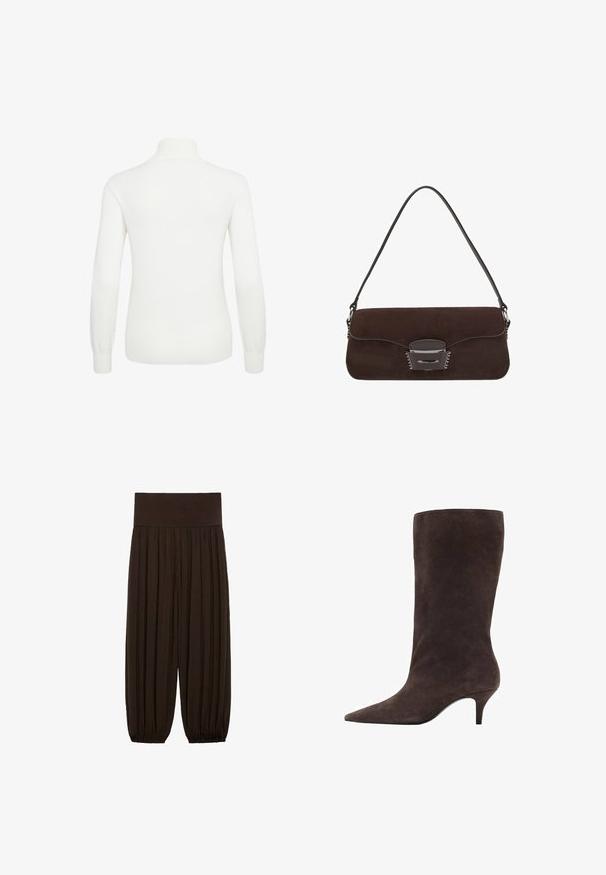 Veste courte en fausse fourrure rose avec un col châle, des manches longues et une texture douce. Intérieur doublé avec un minimum de détails.; Pull blanc à manches longues avec un col montant. Présente une texture lisse ainsi que des poignets et un ourlet côtelés. Vue de dos montrant une silhouette ajustée.; Pantalons plissés marron avec une large taille élastique. Le tissu est léger et texturé, avec des ourlets froncés aux poignets.; Botte en daim marron hauteur genou avec un bout pointu et un talon de hauteur intermédiaire, présentant une texture lisse et un design élégant.; Sac à main en daim marron avec une longue sangle en cuir, des garnitures en argent, une forme rectangulaire et un rabat plat comportant un embellissement central.