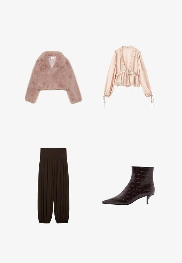 Růžová umělá kožešinová zkrácená bunda s klopovým límcem, dlouhými rukávy a měkkou texturou. Podšívka s minimálním zdobením.; Růžová blůza s dlouhými rukávy, volánkovým výstřihem, stahovacími šňůrkami v pase a krajkovým lemováním na rukávech a spodním lemu. Lehká texturovaná látka.; Hnědé plisované kalhoty se širokým elastickým pasem. Materiál je lehký a strukturovaný, s nařasenými lemy na manžetách.; Černé kotníkové boty z kůže s embosovaným krokodýlím vzorem, s špičatou špičkou a krátkým, tenkým podpatkem. Hladká textura s výrazným vzorem a elegantním designem.
