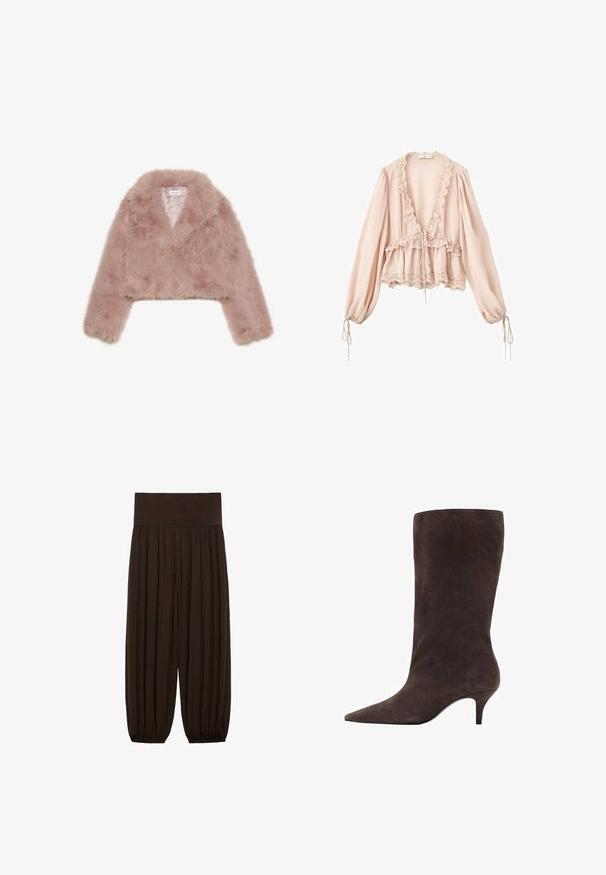 Roze nepbont cropped jack met een sjawlkragen, lange mouwen en een zachte textuur. Voering met minimale details.; Blauwroze blouse met lange mouwen, ruches bij de hals, een trekkoord in de taille en kanten rand bij de manchetten en zoom. Lichtgewicht, gestructureerde stof.; Bruine geplooide broek met een brede, elastische tailleband. De stof is lichtgewicht en gestructureerd, met gatherse randen bij de boorden.; Bruine suède kniehoogte laars met een spitse neus en een mid-hoge hak, met een gladde textuur en een slank ontwerp.