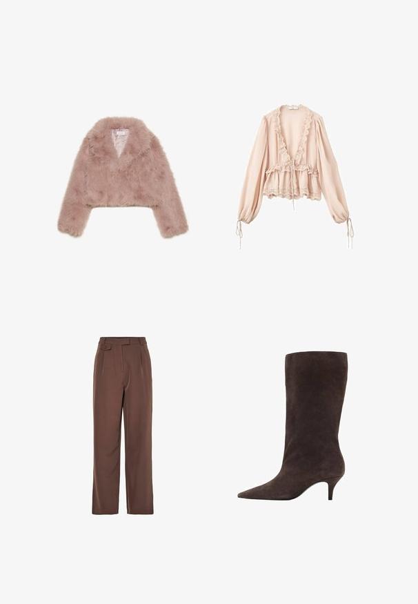 Jachetă scurtă din blană artificială roz, cu guler tip șal, mâneci lungi și textură moale. Interior căptușit cu detalii minime.; Bluză roz pal, cu mâneci lungi, guler volanat, talie cu șnur și dantelă la manșete și tiv. Material ușor, texturat.; Pantaloni largi împletiți maro, cu o talie înaltă, pliuri frontale și un detaliu cu nasture. Textură netedă cu un design adaptat.; Botă din suede maro, până la genunchi, cu vârf ascuțit și toc mediu, având o textură netedă și un design elegant.