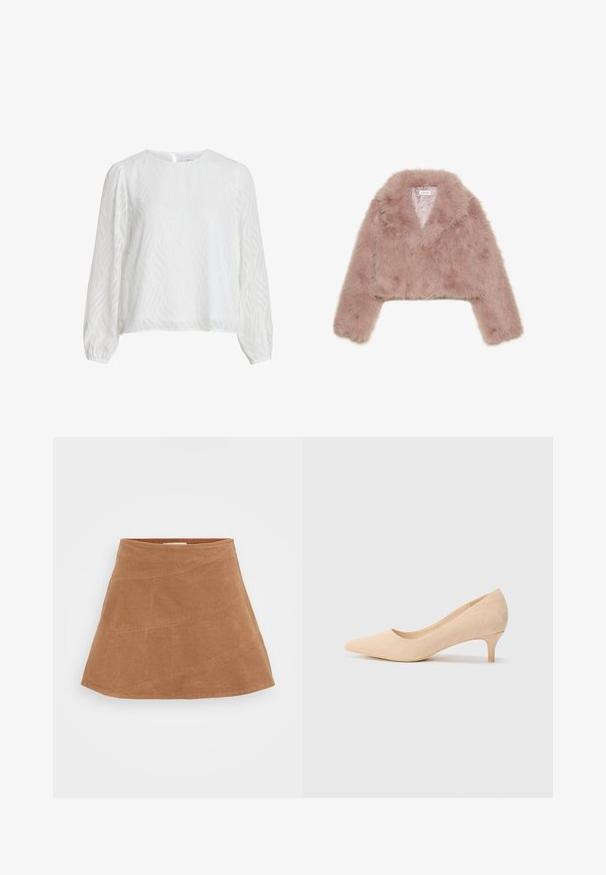 Roosa kunstkarvane lühike jakk šalli kraega, pikkade varrukatega ja pehme tekstuuriga. Vooderdatud sisemus minimaalsete detailidega.; Valge pikakäigeline pluus, millel on pehme laineline tekstuur, ümmargune kaelus ja nööbiga sulgemine seljaosas.; Pruunist korduroost mini-seelik, millel on flared disain, diagonaalsed õmblused ja sile tekstuur. Ülal lame vöökoht.; Beige suede kõrge kontsaga king, millel on terav nina ja õhuke 2-tolline konts. Sile tekstuur ja minimaalne detailitus ülemisel pinnal.