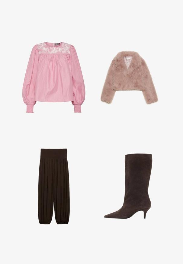 Roza umetna krznena jakna s skrajšanim krojem, šalskim ovratnikom, dolgimi rokavi in mehkimi teksturami. Podložena notranjost z minimalnimi detajli.; Roza prugasta bluza z okroglim izrezom, elastičnimi manšeti in vezenim cvetličnim vzorcem na yoku. Narejena iz lahkotnega materiala.; Brahke klasične hlače z širokim elastičnim pasom. Tkanina je lahka in teksturirana, s nabranimi robovi na manšetah.; Rjave semiš škornje do kolen z ostrim nosom in srednje visokim peto, ki se ponašajo z gladko teksturo in elegantnim dizajnom.