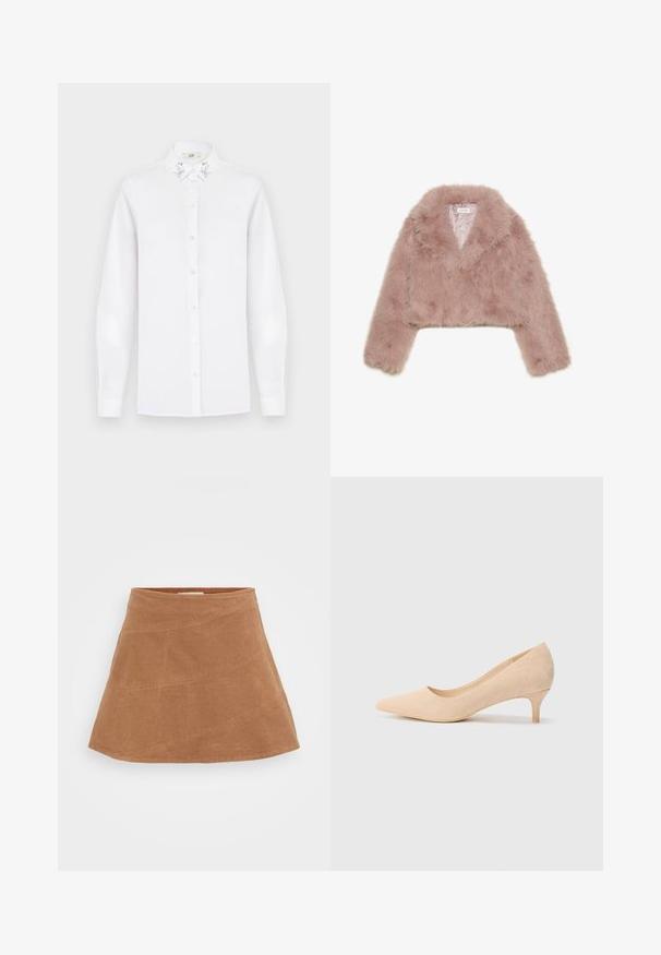 Rosa fuskpälsjacka i cropped modell med sjalkrage, långa ärmar och mjuk textur. Fodrad insida med minimal detaljering.; Vit långärmad skjorta med knappar och spetsig krage, prydd med silverfärgade paljetter på varje sida.; Brun manchesterkjol i mini-format med utställd design, som har diagonala sömmar och en slät textur. Platt linning upptill.; Beige mockask högklackad pumpsko med spetsig tå och en smal, 5 cm klack. Slät textur med minimal detaljer på ovansidan.