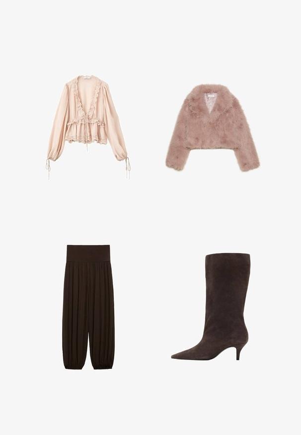 Vaaleanpunainen tekoturkis cropped-takki, jossa on huopakaulus, pitkät hihat ja pehmeä rakenne. Vuorattu sisus, jossa on minimaalinen yksityiskohtaisuus.; Vaaleanpunainen pusero, jossa on pitkät hihat, röyhelökaula-aukko, nyörivyötärö ja pitsiyksityiskohtia hihoissa ja helmassa. Kevyt, teksturoitu kangas.; Ruske pleated hameet leveällä, joustavalla vyötäröllä. Kangas on kevyt ja teksturoitu, ja lahkeissa on kerättyjä reunoja.; Ruske suede čizme do koljena s šiljastim vrhom i srednje visokom potpeticom, koje imaju glatku teksturu i elegantan dizajn.