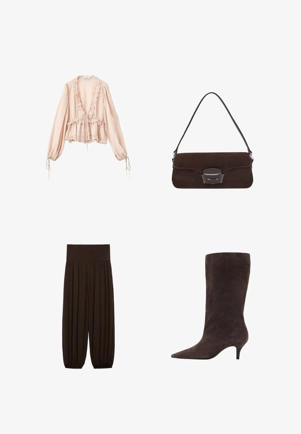 Różowa kurtka z sztucznego futra, krótka, z kołnierzem szalowym, długimi rękawami i miękką fakturą. Podszewka wewnętrzna z minimalnymi detalami.; Bluzka w odcieniu różowego rumieńca z długimi rękawami, falbaniastym dekoltem, ściągaczem w talii oraz koronkowym wykończeniem przy mankietach i u dołu. Lekka, teksturowana tkanina.; Brązowe spodnie z plisami i szerokim, elastycznym pasem. Materiał jest lekki i teksturowany, z marszczonymi wykończeniami u dołów.; Brązowy zamszowy botek do kolan z wysmukłym noskiem i średnim obcasem, charakteryzujący się gładką teksturą i eleganckim wzornictwem.; Brązowa torebka zamszowa z długim skórzanym paskiem, srebrnymi akcentami, prostokątnym kształtem i płaską klapą z centralnym ozdobnym elementem.