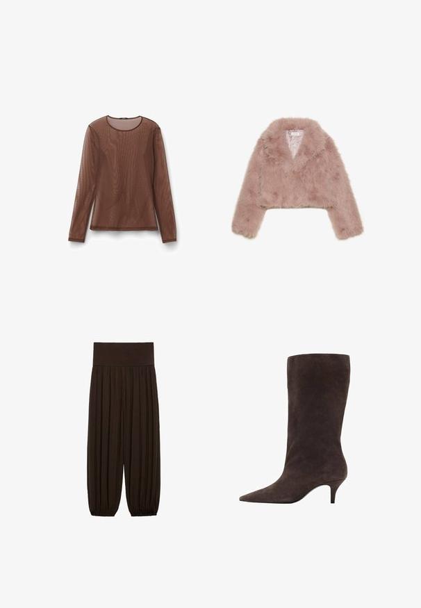 Rosa F faux-fell gekürzte Jacke mit einem Schalkragen, langen Ärmeln und weicher Textur. Gefüttertes Innenleben mit minimalen Details.; Brauner, langärmeliger Mesh-Oberteil mit rundem Halsausschnitt. Leichtes, halbtransparentes Material mit glatter Oberfläche und sauberen Kanten.; Braune plissierte Hose mit einem breiten, elastischen Bund. Der Stoff ist leicht und strukturiert und hat an den Säumen Gatherings.; Braune Wildleder-Stiefel bis zum Knie mit spitzem Fuß und mittelhohem Absatz, die eine glatte Textur und ein elegantes Design aufweisen.