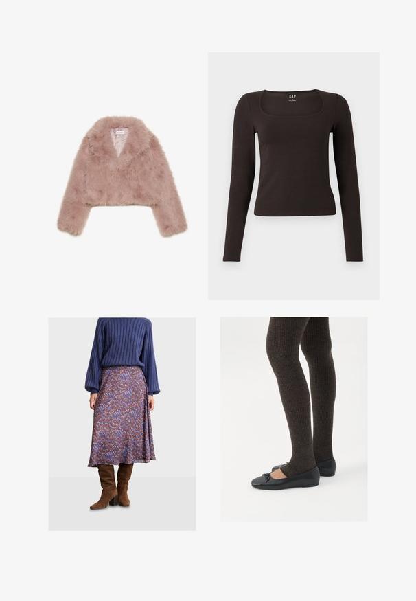 Rosa fuskpälsjacka i cropped modell med sjalkrage, långa ärmar och mjuk textur. Fodrad insida med minimal detaljering.; Svart långärmad, åtsittande topp med fyrkantig halsringning, märkt GAP, uppvisad på en vit bakgrund.; Utsvängd, knälång kjol i ett mönstrat tyg med blått, rött och brunt. Matchad med knähöga bruna mocka stövlar och en ribbade tröja.; Svarta platta skor med en liten rosett vid tån, i kombination med mörkbruna ribbade strumpbyxor. Skorna har en slät yta och låg profil.