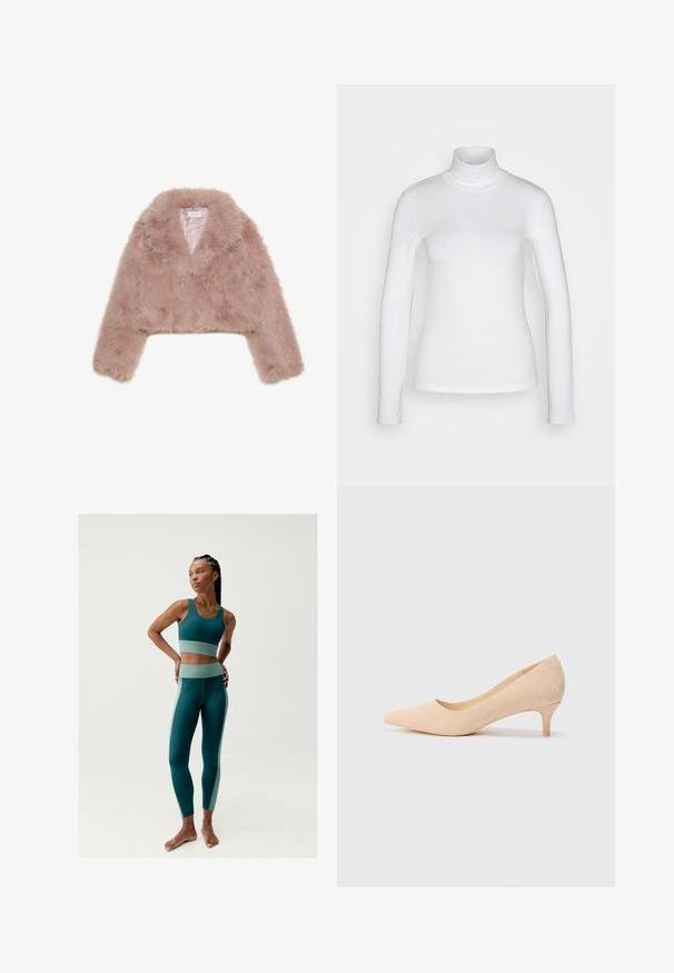 Růžová umělá kožešinová zkrácená bunda s klopovým límcem, dlouhými rukávy a měkkou texturou. Podšívka s minimálním zdobením.; Bílý dlouhý rukáv rolák vyrobený z hladkého, pružného materiálu. Má těsný střih a vysoký límec. Žádné viditelné vzory ani akcenty.; Tyrkysová sportovní souprava obsahující těsný crop top se světle tyrkysovým páskem a legíny s vysokým pasem s kontrastními bočními panely. Hladká textura.; Beige semišové lodičky na vysokém podpatku s špičatou špičkou a štíhlým podpatkem o výšce 5 cm. Hladký povrch s minimálními detaily na svrchní části.