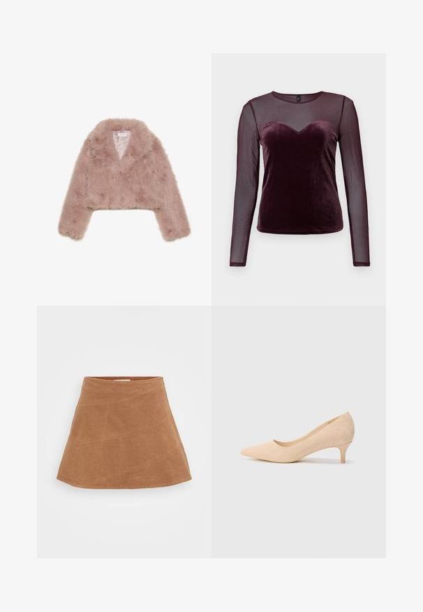 Rožinės dirbtinės kailio trumpa striukė su šalikiniu apykakle, ilgomis rankovėmis ir švelniu paviršiumi. Pamušalas su minimaliais akcentais.; Burgundi ilgos rankoves marškiniai, turintys aksominį korpusą su širdies formos iškirpte ir permatomomis tinklinėmis rankovėmis, lygi tekstūra ir prigludęs dizainas.; Ruda korduroy mini sijonas su iškilusia forma, siuvinėtas įstrižais siūlais ir turintis lygų paviršių. Viršuje plokščias liemens diržas.; Smėlio spalvos zomšiniai aukštakulniai bateliai su siauru, 5 cm kulnu ir smailiu pirštu. Lygi tekstūra su minimaliu apdailos elementu viršutiniame paviršiuje.