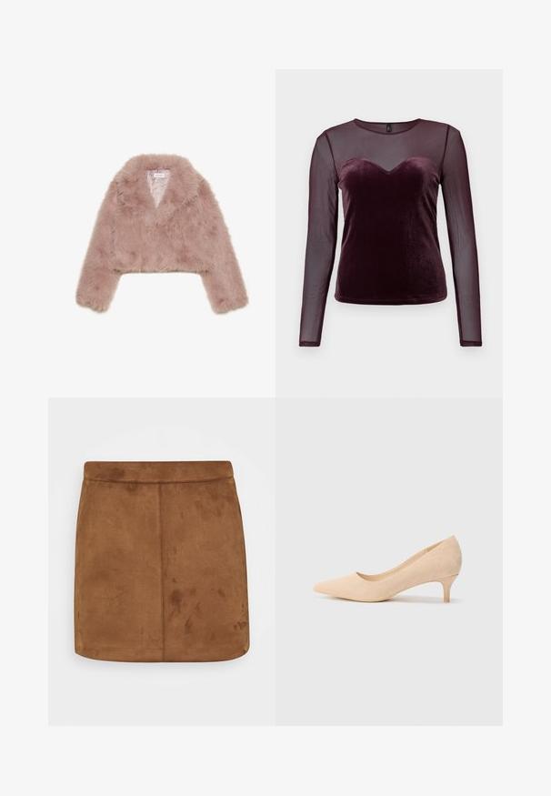 Roza umetna krznena jakna s skrajšanim krojem, šalskim ovratnikom, dolgimi rokavi in mehkimi teksturami. Podložena notranjost z minimalnimi detajli.; Burgundska dolga majica z dolgimi rokavi, ki ima žametno telo z obliko srca ter prosojne mrežaste rokave, gladko teksturo in telesno prileganje.; Rjava zamšasta mini krilo z gladko teksturo, ravnim krojem in brezšivnim pasom, ki se ponaša z minimalističnim dizajnom brez vzorcev ali okrasnih detajlov.; Beige semiš salonki z visoko peto, z ostrim nosom in tanko, 5-centimetrsko peto. Gladka tekstura z minimalnimi detajli na zgornji površini.