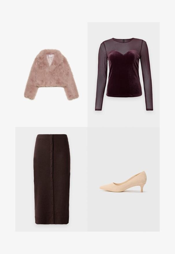 Rožinės dirbtinės kailio trumpa striukė su šalikiniu apykakle, ilgomis rankovėmis ir švelniu paviršiumi. Pamušalas su minimaliais akcentais.; Burgundi ilgos rankoves marškiniai, turintys aksominį korpusą su širdies formos iškirpte ir permatomomis tinklinėmis rankovėmis, lygi tekstūra ir prigludęs dizainas.; Ruda megzta sijonas su griūvančia juosta ir tiesiu pjūviu. Yra centrinė sagų juostos detalė, einanti per visą nugaros ilgį.; Smėlio spalvos zomšiniai aukštakulniai bateliai su siauru, 5 cm kulnu ir smailiu pirštu. Lygi tekstūra su minimaliu apdailos elementu viršutiniame paviršiuje.