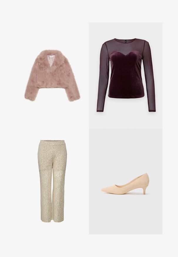 Roosa kunstkarvane lühike jakk šalli kraega, pikkade varrukatega ja pehme tekstuuriga. Vooderdatud sisemus minimaalsete detailidega.; Burgundia pikkade varrukatega topp, millel on sametist kehakate südamet kujuga kaelus ja läbipaistvad võrkkangast varrukad, sile tekstuur ja keha lähedane disain.; Beežid sädelevad püksid, millel on diagonaalne muster, kõrge vöökoht ja laiad sääred, millel on sile tekstuur ja särav pind.; Beige suede kõrge kontsaga king, millel on terav nina ja õhuke 2-tolline konts. Sile tekstuur ja minimaalne detailitus ülemisel pinnal.