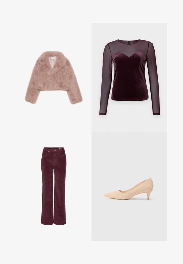 Rožinės dirbtinės kailio trumpa striukė su šalikiniu apykakle, ilgomis rankovėmis ir švelniu paviršiumi. Pamušalas su minimaliais akcentais.; Burgundi ilgos rankoves marškiniai, turintys aksominį korpusą su širdies formos iškirpte ir permatomomis tinklinėmis rankovėmis, lygi tekstūra ir prigludęs dizainas.; Kordurokso kelnės su plačiomis kojų apačiomis, gilia burgundiško atspalvio. Yra priekinių kišenių ir diržo kilpų, tekstūruota audinio apdaila.; Smėlio spalvos zomšiniai aukštakulniai bateliai su siauru, 5 cm kulnu ir smailiu pirštu. Lygi tekstūra su minimaliu apdailos elementu viršutiniame paviršiuje.