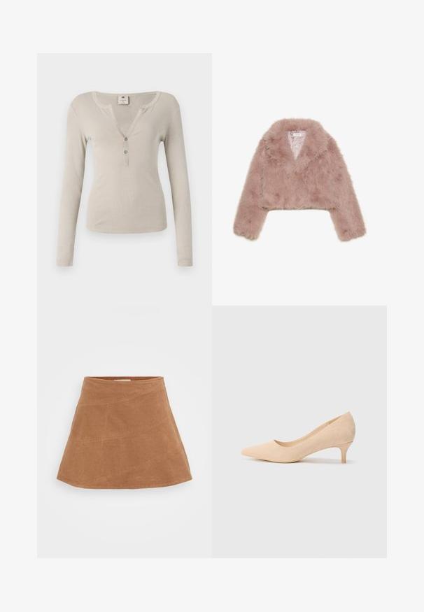 Růžová umělá kožešinová zkrácená bunda s klopovým límcem, dlouhými rukávy a měkkou texturou. Podšívka s minimálním zdobením.; Dlouhá béžová halenka s jemně strukturovaným povrchem, výstřihem do V a třemi knoflíky vpředu. Jednoduchý, přiléhavý střih.; Hnědá kordurová mini sukně s rozšířeným designem, která má šikmé švy a hladkou texturu. Na vrchu je plochý pas.; Beige semišové lodičky na vysokém podpatku s špičatou špičkou a štíhlým podpatkem o výšce 5 cm. Hladký povrch s minimálními detaily na svrchní části.