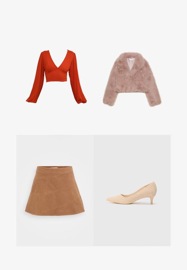 Rosa F faux-fell gekürzte Jacke mit einem Schalkragen, langen Ärmeln und weicher Textur. Gefüttertes Innenleben mit minimalen Details.; Rotes Langarm-Crop-Top mit tiefem V-Ausschnitt und gefältelten Ärmeln. Hergestellt aus einem weichen, dehnbaren Stoff mit glatter Textur. Keine sichtbaren Muster.; Brauner Cord-Minirock mit ausgestelltem Design, diagonal genähten Nähten und glatter Textur. Flacher Bund oben.; Beige Wildleder-Pumps mit hohen Absätzen, spitzer Zehenform und einem schlanken, 5 cm hohen Absatz. Glatte Textur mit minimaler Detailgestaltung auf der Oberfläche.