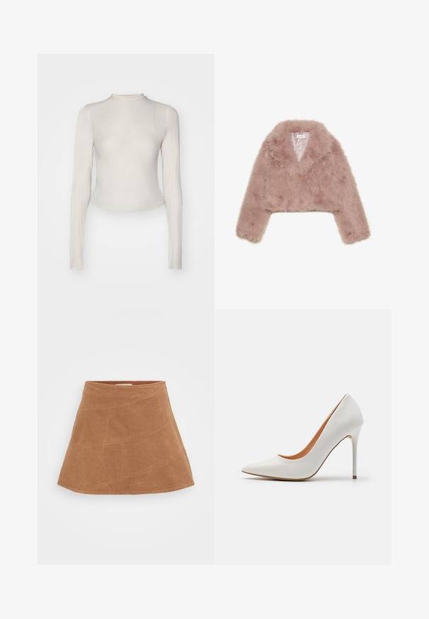 Casaco cropped de pelo falso rosa, com colarinho xale, mangas compridas e textura suave. Interior forrado com detalhes mínimos.; Blusa de manga longa em bege claro com um decote alto, feita de um tecido macio e elástico, apresentando uma silhueta ajustada e uma bainha arredondada.; Saia mini de veludo cotelê castanho com um design fluido, apresentando costuras diagonais e uma textura suave. Cintura plana na parte superior.; Pump de salto alto em couro sintético branco com bico fino e salto agulha esguio, apresentando uma textura suave e um interior bege.